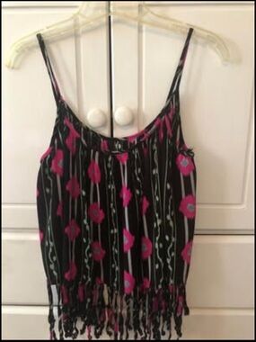 XXI Black Floral Fringe Cami Tank Top - Pink Floral Print